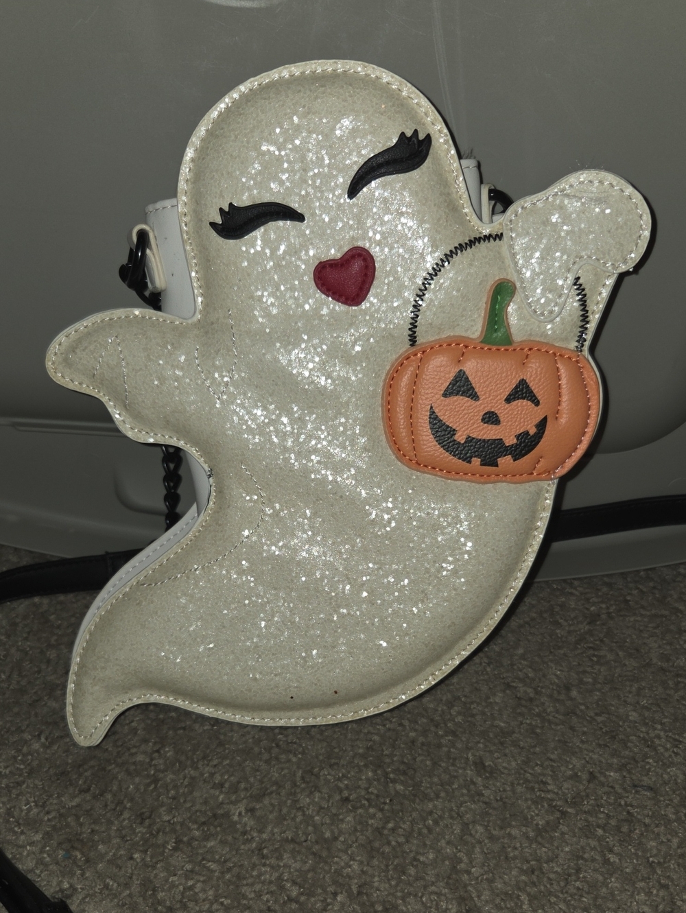Betsey Johnson White Glitter Ghost Crossbody Bag with Pumpkin Accent